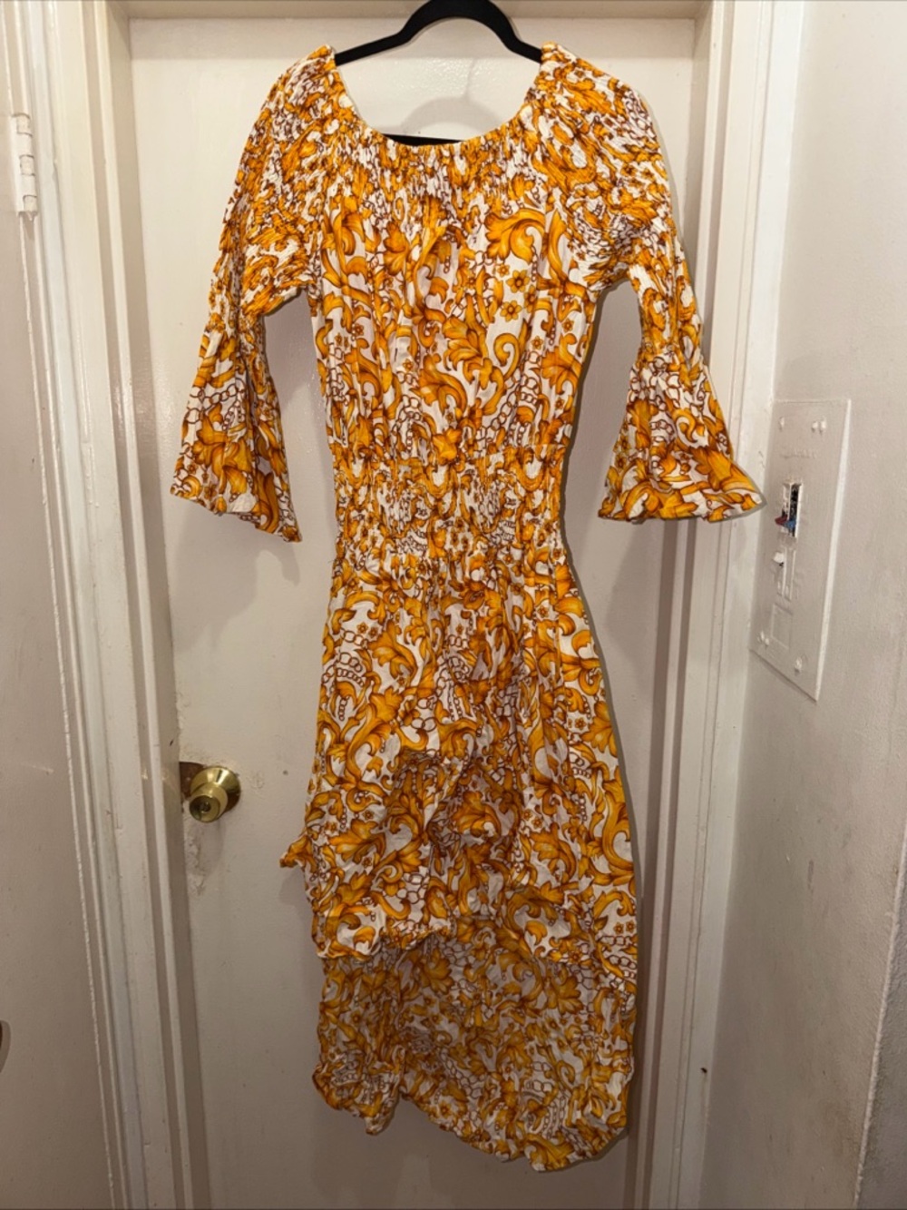 Advance Apparels Yellow and White High-Low Smocked Dress